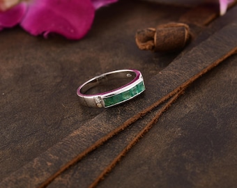 Zambian Emerald & Diamond Sterling Silver Ring - Statement Band