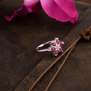 Ruby Flower Ring: Natural Ceylon Ruby & Diamond, Sterling Silver