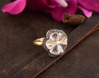 Carved Moonstone Diamond Ring: Floral Gold Plated Sterling Silver
