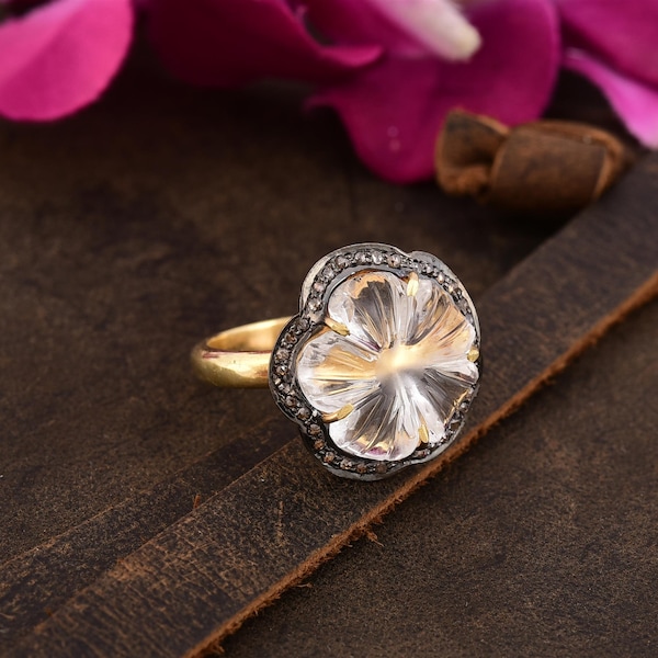 Carved Moonstone Diamond Ring: Floral Gold Plated Sterling Silver
