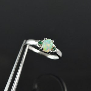 Natural Fire Opal & Emerald Silver Ring, Opal Emerald Silver Ring, Fire Opal And Emerald Silver Ring, Opal Ring For Women, Gifts For Wife