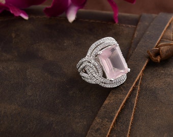 Natural Genuine Rose Quartz and Real Crystal Studded Silver Ring | Rose Quartz Cocktail Ring For Women | Rose Quartz Statement Ring For Her