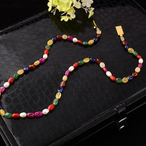 Navratna Gemstone Necklace: 18K Gold Plated Silver Clasp, Healing Jewelry