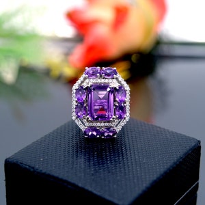 Amethyst Cocktail Ring: Sterling Silver, White Topaz Halo