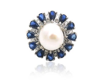 Freshwater Pearl & Sapphire Ring: Diamond Sterling Silver Statement