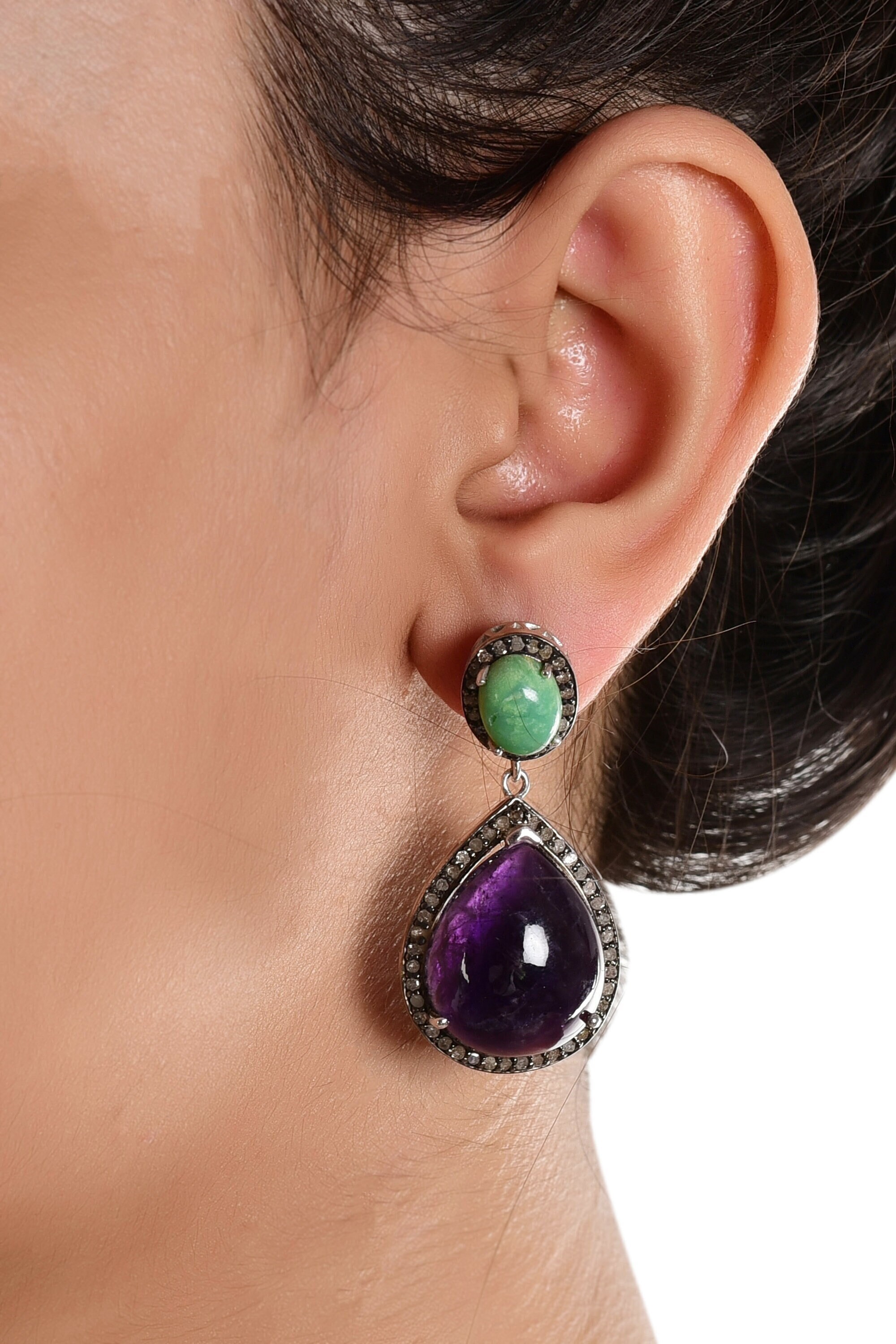 Orecchini Pendenti In Argento Tibetano Con Turchese E Cristalli Ovali - Yazilind, Lunghezza 5 Cm - 3