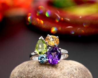 Natural Peridot, Blue Topaz, Amethyst And Citrine Silver Ring | Multi-Stone Silver Ring | Multi Stone Dainty Silver Ring | Gift For Her