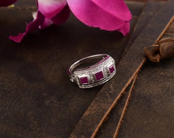Genuine Ceylon Ruby and Diamond Sterling Silver Ring