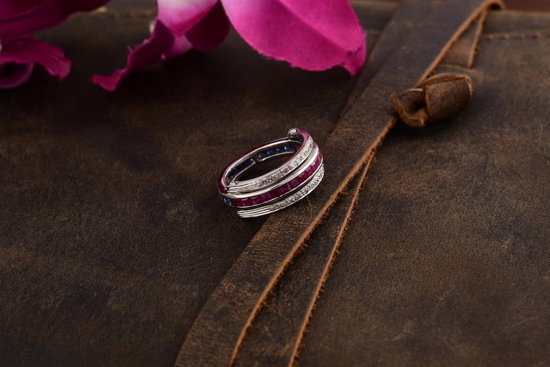 Natural Ruby Blue Sapphire And Diamond Studded Flip Silver Ring Flip Ring For Women Precious Stone Ring for Her