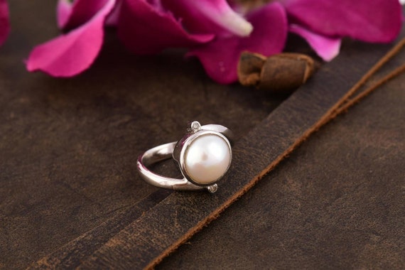 Genuine Pearl Engagement Ring- Halo Natural Pearl Swirl Ring- White Real  Freshwater Pearl Ring Sterling Silver Promise Anniversary June Ring