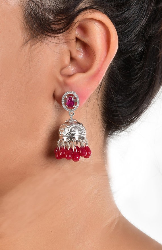 Retro Moonstone and Ruby Earrings