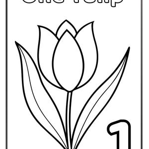 Pode incluir: Desenho a traço preto e branco de uma tulipa com o texto "One Tulip" acima. Um grande número "1" está no canto inferior direito. A imagem é uma ilustração simples, adequada para colorir.
