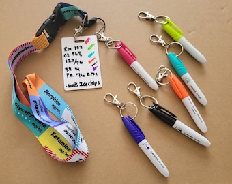 Mini Reusable Dry Erase Board with optional lanyard and mini dry erase markers badge reel, or full size (FS) dry erase marker.