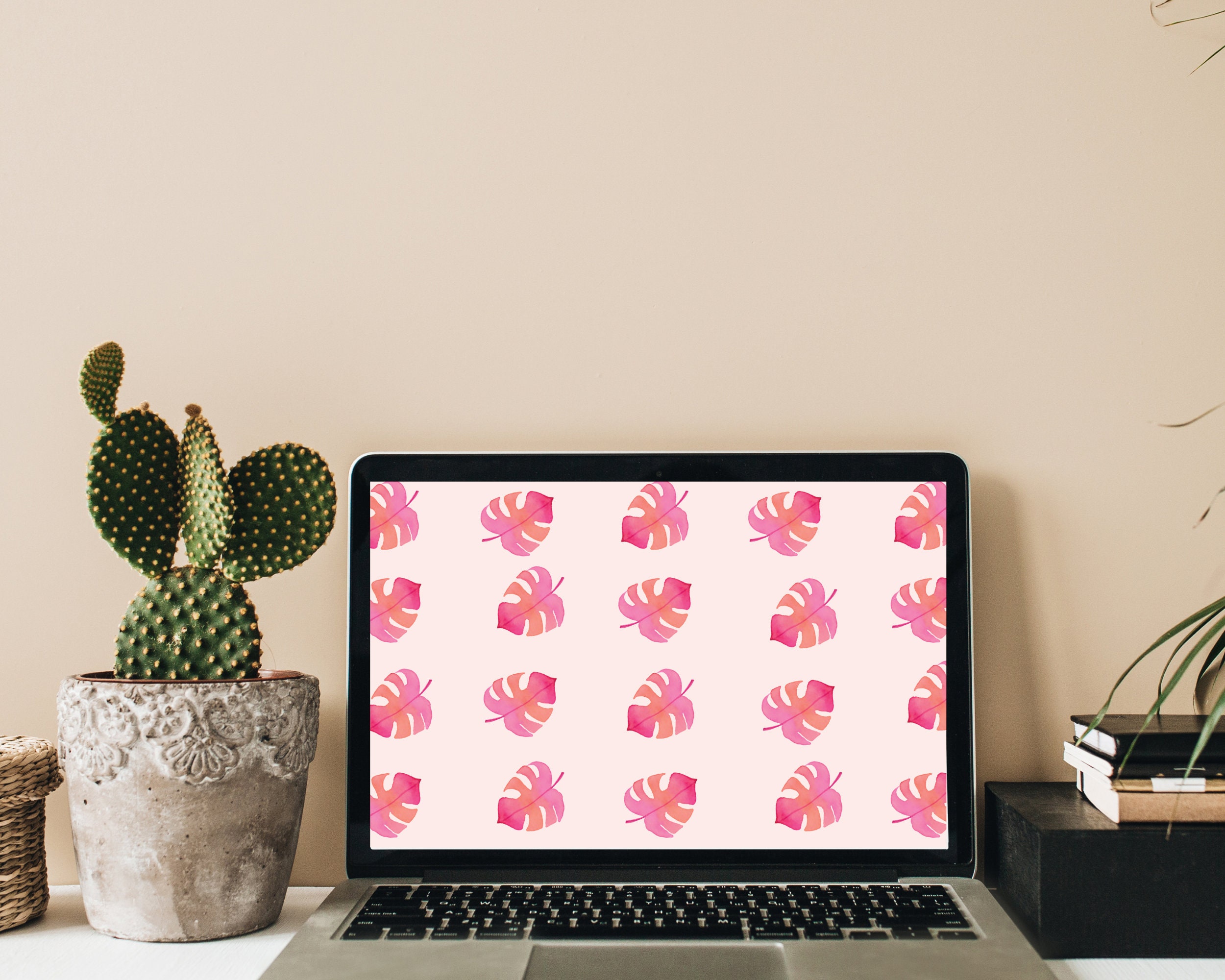 Pink Monstera Leaf Desktop Wallpaper Botanical Print | Etsy