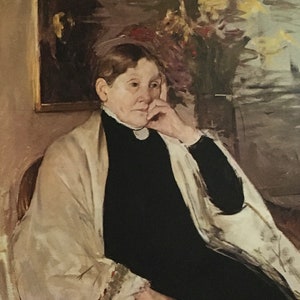 May include: A woman in a black dress and a white shawl sits in a chair, looking thoughtfully off to the side. The painting is done in a realistic style with soft brushstrokes.