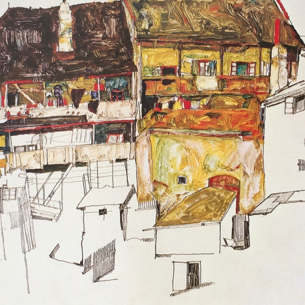 Original Vintage Druck 1988 von Egon Schiele. Alte Häuser in Krumau (1914) Expressionismus, Moderne Kunst, Wohnkultur