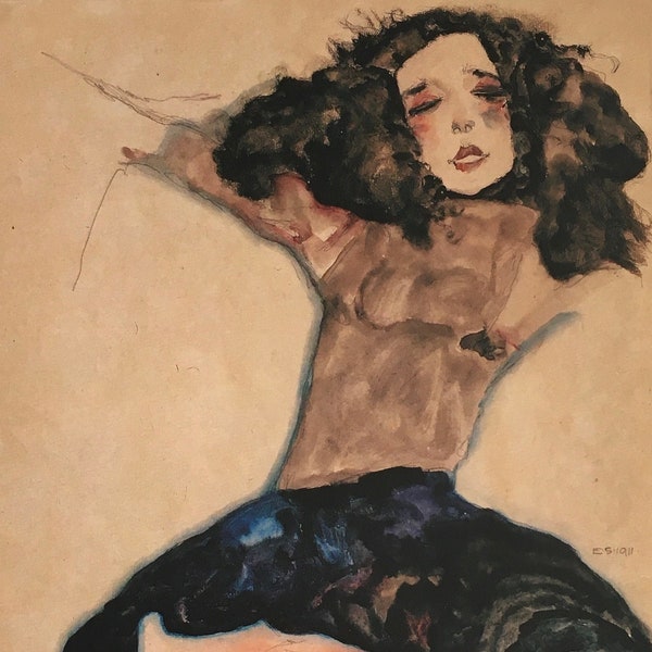 Original Vintage Print 1988 by Egon Schiele. Black-Haired Girl With Skirt Turned Up (1911) Expressionism, Modern Art, Home Decor