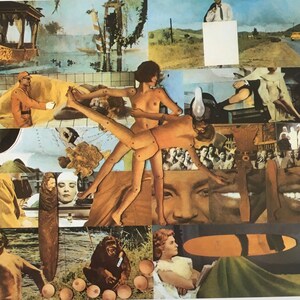 Peut inclure: Un collage d'images représentant un couple nu, un homme en costume, une femme lisant un livre, un singe et diverses autres scènes.