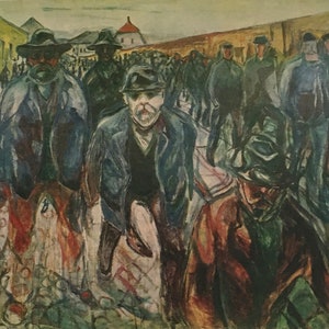 Pode incluir: Uma pintura que retrata uma multidão de pessoas em uma cena de rua. As pessoas estão vestidas com roupas escuras e caminham em uma única fila. A pintura é feita em um estilo que lembra o expressionismo, com cores e pinceladas ousadas.