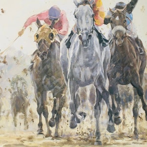 クラウス・フィリップ オリジナル ヴィンテージ 乗馬プリント 1988年。真っ向勝負。全速力。カラフルな馬の壁アート、壁装飾プリント、室内装飾