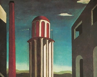 May include: A painting of a tall, white tower with red accents, seen through a doorway. The tower has a rounded top and is surrounded by a brown landscape. The doorway is framed by a dark building with a window and an archway.