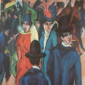 Stampa vintage originale 1985 di Ernst Ludwig Kirchner. Scena di strada di Berlino (1913) Arte tedesca, arte moderna, decorazioni per la casa