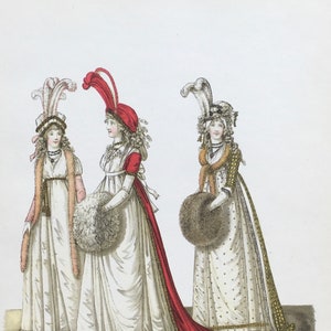 Original Vintage Print 1949. Fashion Plates by Heideloff And Ackermann 1790-1822. White Satin Dresses, Muffs. Fashion Art, Wall Art.