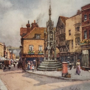 Original vintage Small Print 1909 par Wilfrid Ball. High Street Winchester Hampshire, Home Decor, petit art mural topographique