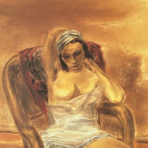 May include: A woman in a white slip dress sits in a wicker chair. She is wearing a white headband and has her arm raised above her head. The background is a warm, golden brown.