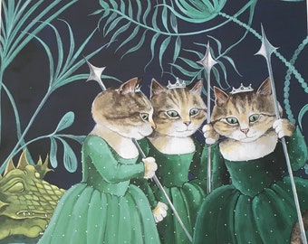 Original Vintage Print by Susan Herbert 1997. Opera Cats. Magic Flute Act I. Wall Art For Cat Lovers, Home Decor, Impressionist Cats.