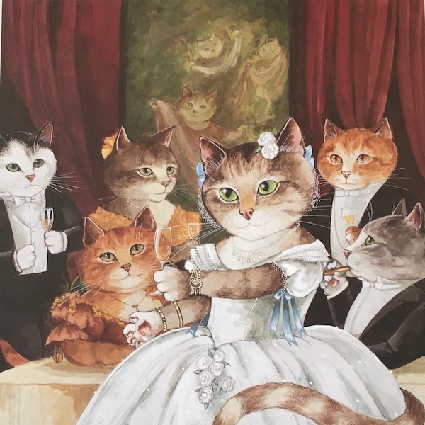 Original Vintage Print by Susan Herbert 1997. Opera Cats. La Traviata, Act I. Wall Art For Cat Lovers, Home Decor, Impressionist Cats.