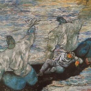 Puede incluir: Una pintura que representa a tres figuras en un bote en un mar agitado. Las figuras están vestidas con ropa blanca y azul. El mar está pintado en tonos de azul, verde y marrón.