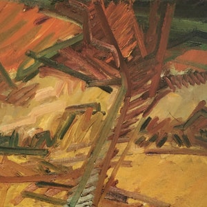 May include: Abstract painting with a mix of brown, orange, yellow, and green brushstrokes. The painting has a textured, layered look, with the brushstrokes overlapping and creating a sense of depth.