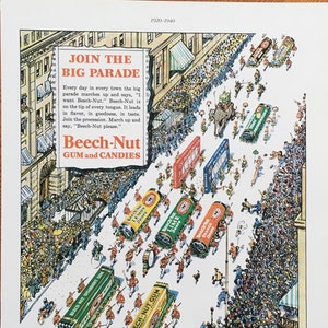 May include: A vintage advertisement for Beech-Nut Gum and Candies. The image features a large parade with people marching down the street. The parade is filled with Beech-Nut products, including gum, candies, and boxes of candy. The text on the advertisement reads "Join the Big Parade" and "Beech-Nut Gum and Candies".