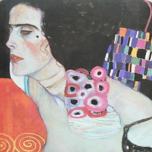 May include: A painting of a woman in profile, featuring a dark background and a vibrant color palette. The woman has dark hair, red lips, and a mole on her cheek. She wears a decorative floral adornment and a patterned garment.