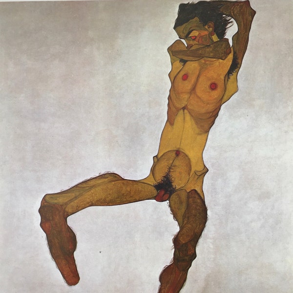Original Vintage Print 1988 by Egon Schiele. Seated Male Nude (1910) Expressionism, Modern Art, Home Decor
