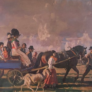 Oryginalny Vintage Print 1981 autorstwa Sir Alfreda Munningsa 1878-1959. Przybycie do Epsom Downs, Derby Week. Dekoracja ścienna do domu, słynny angielski artysta