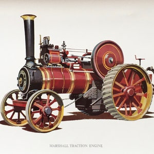 Puede incluir: Un motor de tracción a vapor rojo y negro con detalles dorados. El motor tiene ruedas grandes y una chimenea alta. El texto "MARSHALL TRACTION ENGINE" está impreso debajo del motor.