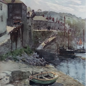 May include: A watercolour painting depicting a small town harbour with a green boat on the shore, a seagull perched on the bow, and a larger boat in the water.