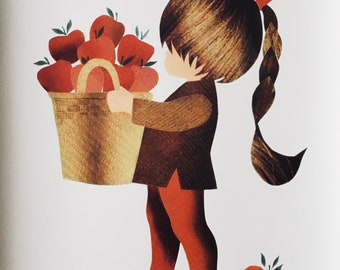 Original Vintage Print By Anna Coombs.Who'll Buy My Apples.circa 1970/80's Childs Nursery Playroom Childrens Home Decor Wall Art Retro Gift