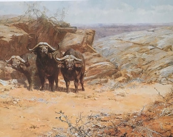 Original Vintage Print by David Shepherd 1985. Buffalo Wallows. Three Buffalo. Wall Art Home Decor For Any Room Wildlife Art