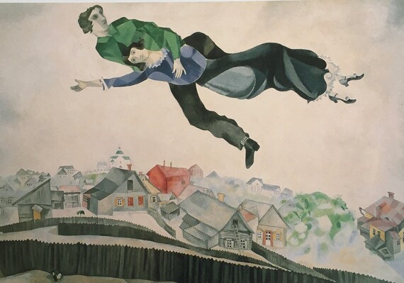 Original Vintage Print by Marc Chagall 1990. Above the Town, 1917