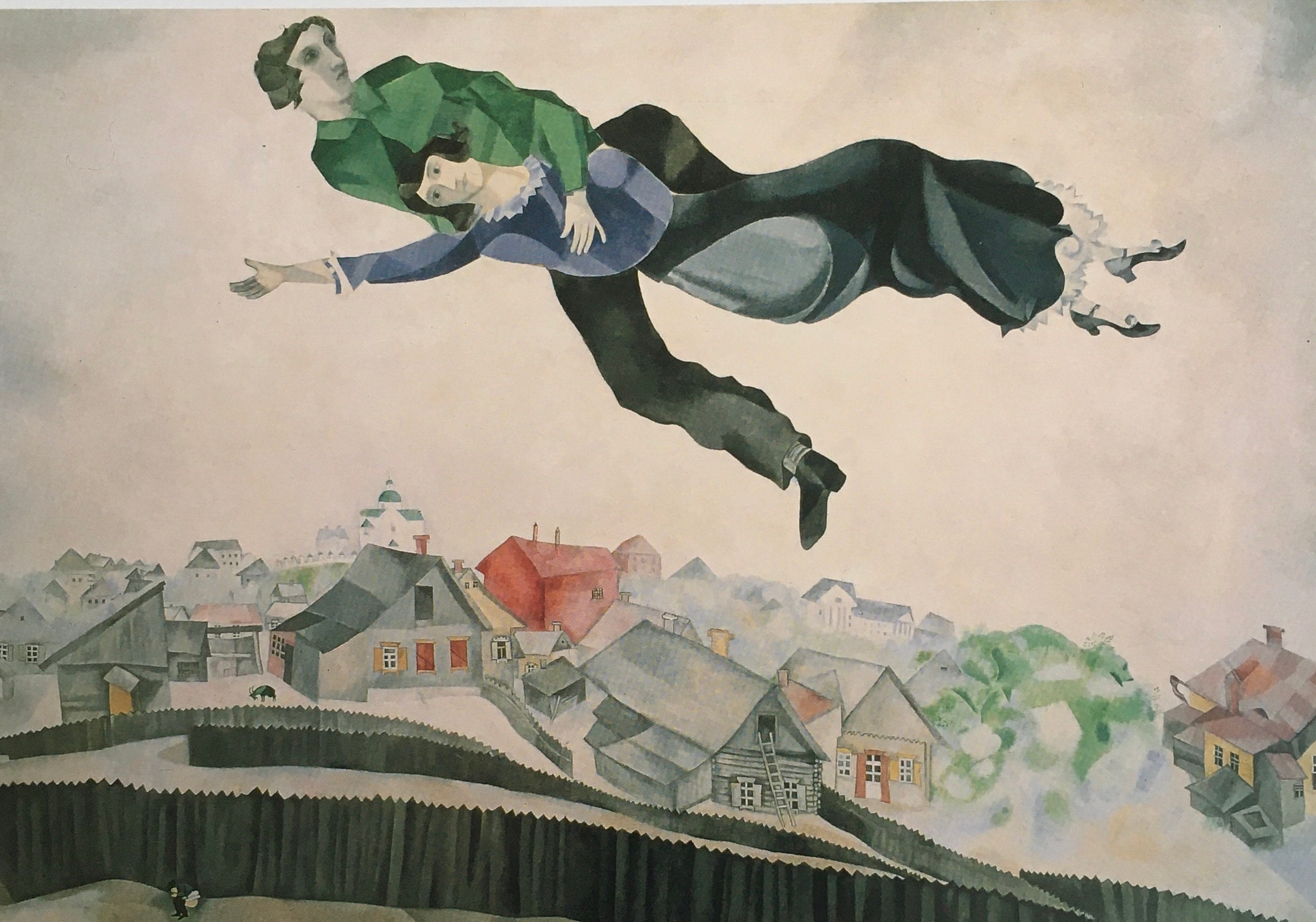 Original Vintage Print by Marc Chagall 1990. Above The Town, 1917-18. Surrealism And Modernist Wall Art, Home Decor For Any Wall