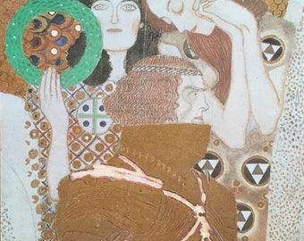 May include: A painting of three people, two women and one man. The women are wearing elaborate gowns with intricate patterns. The man is wearing a brown robe. The painting is done in a style reminiscent of Art Nouveau.