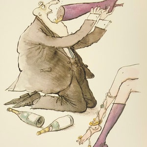 May include: A man in a suit is kneeling on the floor with his mouth open. He is holding a woman's leg in his hand, and her shoe is flying off. There are two empty bottles of wine on the floor.