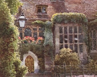 Original Vintage Small Print by E W Haslehust Circa 1920.  Cambridge. The Old Hall, Corpus Christi College. Topographic Wall Art, Home Decor