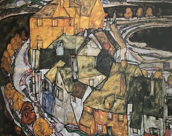 Original Vintage Print 1988 by Egon Schiele. The Row of Houses, Island Town (1915) Expressionism, Modern Art, Home Decor