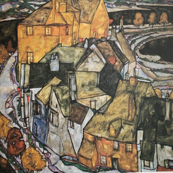 Original Vintage Print 1988 by Egon Schiele. The Row of Houses, Island Town (1915) Expressionism, Modern Art, Home Decor