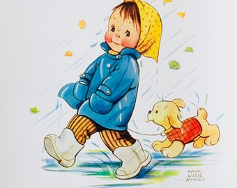Original Vintage Print By Mabel Lucie Attwell.Girl In The Rain circa 1970/80&#39;s Childs Nursery Playroom Childrens Home Decor Baby Shower Gift