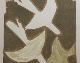 May include: Poster featuring abstract white bird shapes against a brown and olive background. The text "GALERIE MAEGHT" is at the top, and "SUR 4 MURS" is at the bottom. The artist's signature is in the lower left corner.